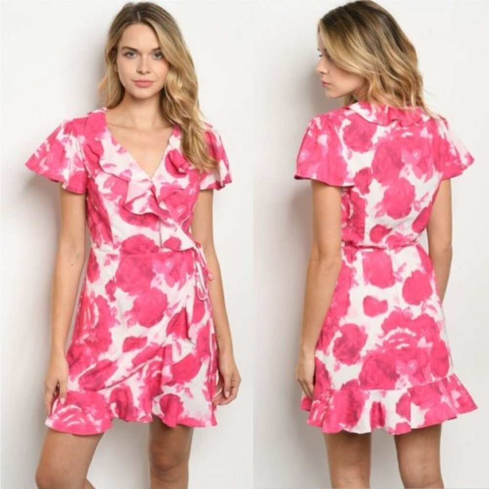 FLORAL MINI DRESS -  FUCSHIA